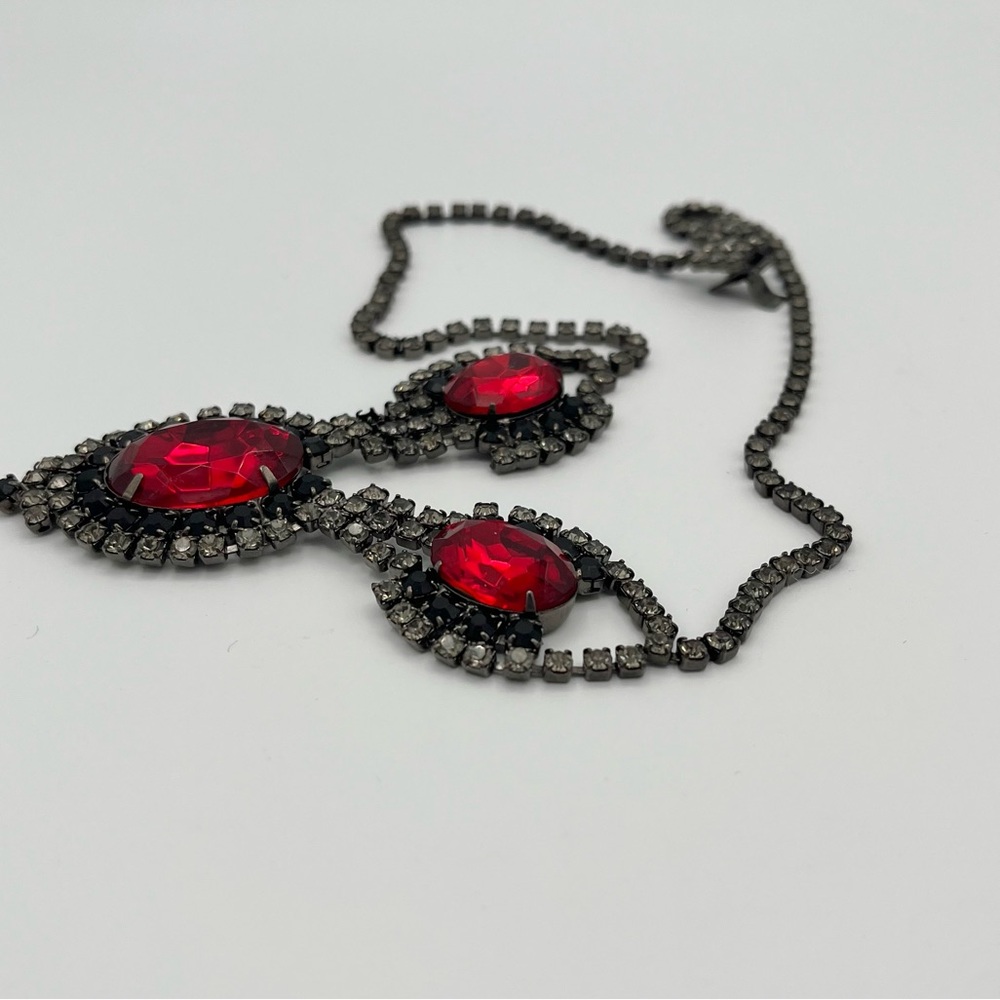 Vintage 1960s Ruby & Onyx Rhinestone Demi-Parure | Juliana Style Tiered Necklace - Picture 7 of 14